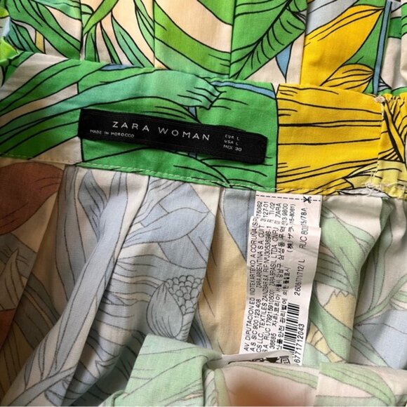 Zara Green Tropical Print Paper Bag A-Line Midi Skirt Size L - Picture 8 of 11